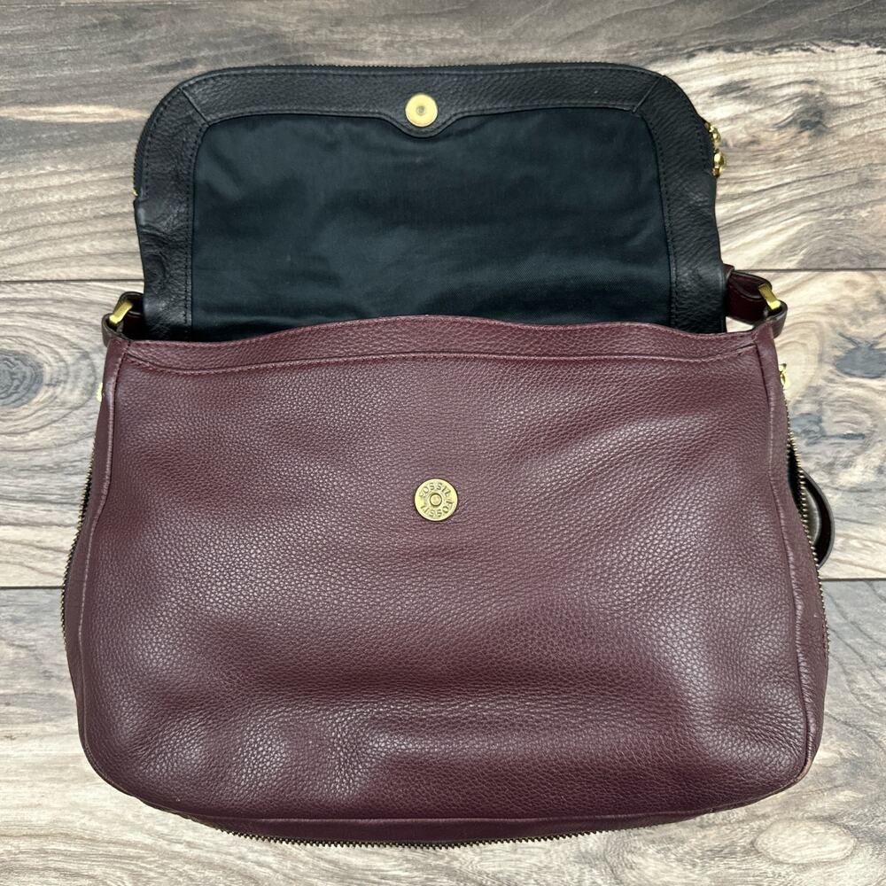 Fossil Leather Zipper Crossbody Shoulder Satchel Saddle Bag Black Burgundy - Picture 4 of 14